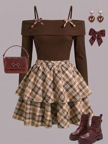 SHEIN 青少年女孩秋季套裝 秋季上衣 2件/套 圓領 時尚優雅可愛酷女孩 T恤迷你套裝 - 棕色 - 查看 3