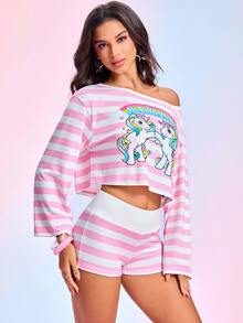 My Little Pony X SHEIN طقم نسائي من قطعتين: ملابس علوية بأكمام طويلة وكتف مكشوف مع طباعة كرتونية وألوان متباينة مخططة، وشورت مخطط - أبيض - مشاهدة 4