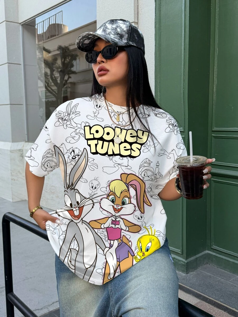 LOONEY TUNES X SHEIN Plus Size Women's Letter Cartoon Print Round Neck Short Sleeve Casual T-Shirt - White - View 1