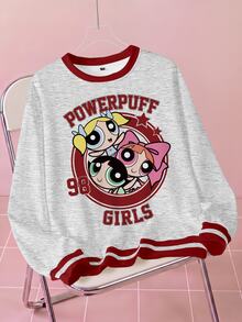 THE POWERPUFF GIRLS X SHEIN Women's Letter Cartoon Print Crew Neck Long Sleeve Sweatshirt - White - View 1