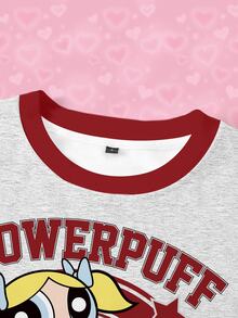 THE POWERPUFF GIRLS X SHEIN Women's Letter Cartoon Print Crew Neck Long Sleeve Sweatshirt - White - View 6