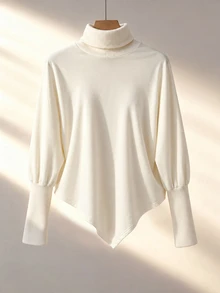 GlowEve CURVE Women's Plus Size High Neck Asymmetrical Hem Top For Vacation Winter - Apricot - View 9