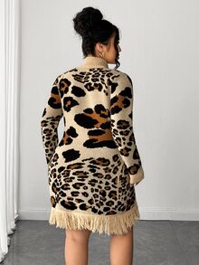 Elenzga Plus Size Casual Fashion Leopard Print Tassel High Neck Long Sleeve Knit Sweater Dress Winter - Khaki - View 2