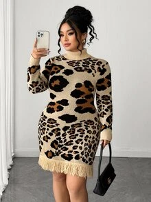 Elenzga Plus Size Casual Fashion Leopard Print Tassel High Neck Long Sleeve Knit Sweater Dress Winter - Khaki - View 6