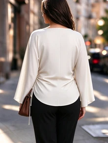 Easura Plus Size Women's Autumn/Winter Cinched Waist Drawstring Bell Sleeve Curved Hem Elegant Commuter Blouse - Apricot - View 2