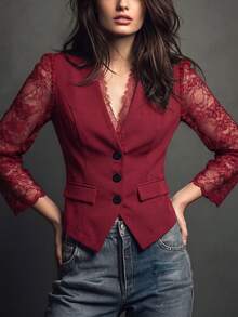 Linhara Plus Size Women's Autumn French Elegant Daily Commute Design Lace Patchwork V-Neck Long Sleeve Faux Pocket Decor Slim Fit Black Lightweight Blazer - Burgundy - View 6