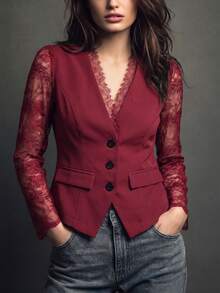 Linhara Plus Size Women's Autumn French Elegant Daily Commute Design Lace Patchwork V-Neck Long Sleeve Faux Pocket Decor Slim Fit Black Lightweight Blazer - Burgundy - View 4