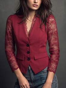 Linhara Plus Size Women's Autumn French Elegant Daily Commute Design Lace Patchwork V-Neck Long Sleeve Faux Pocket Decor Slim Fit Black Lightweight Blazer - Burgundy - View 5