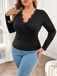 Elenzga 大尺碼女款純色長袖V領交叉設計休閒優雅修身性感T恤，秋季女款外出夜店穿搭黑色上衣 - 黑色 - 查看 7