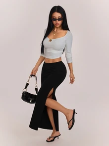 SHEIN PETITE 女款黑色百褶高開衩派對晚裝裙（去天鵝絨面料）秋季性感優雅 - 黑色 - 查看 5