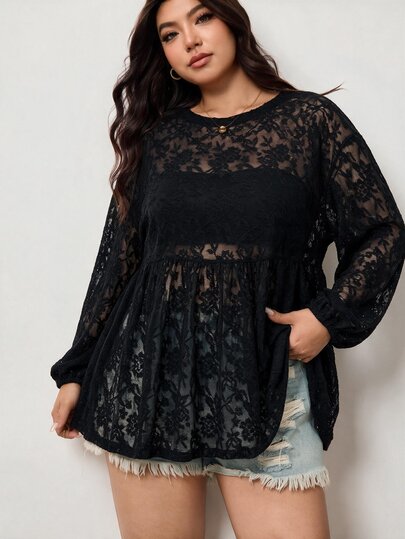 Enliva Plus-Size Women's Casual Elegant Sexy Loose Basic Long-Sleeved T-Shirt, Semi-Transparent LaceApple,Rounded Body Fall Party Night Black