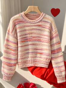 Elamini Women's Autumn/Winter Round Neck Striped Multicolor Contrast Asymmetrical Design Colorful Cute Vibe Versatile Casual Knit Sweater - Pink - View 6