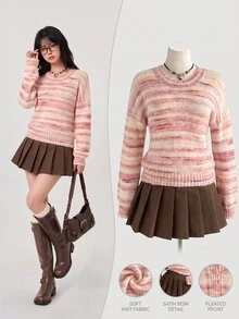 Elamini Women's Autumn/Winter Round Neck Striped Multicolor Contrast Asymmetrical Design Colorful Cute Vibe Versatile Casual Knit Sweater - Pink - View 7
