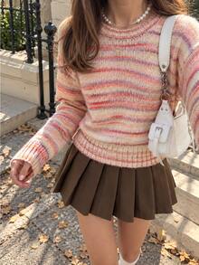 Elamini Women's Autumn/Winter Round Neck Striped Multicolor Contrast Asymmetrical Design Colorful Cute Vibe Versatile Casual Knit Sweater - Pink - View 5