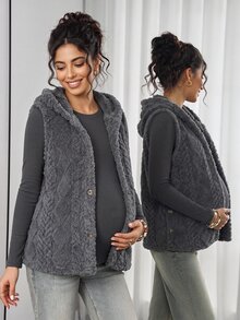 Momance Autumn/Winter Best-Selling Solid Color Double-Sided Fleece Hooded Button-Up Casual Vest Maternity Jacket - Grey - View 4