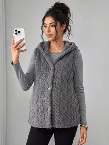 Momance Autumn/Winter Best-Selling Solid Color Double-Sided Fleece Hooded Button-Up Casual Vest Maternity Jacket - Grey - View 3