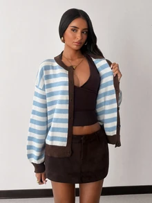Glamine Women's Striped Dropped Shoulder Long Sleeve Casual Preppy Knit Cardigan Brunch Blue White Stripe Fall - Multicolor - View 6