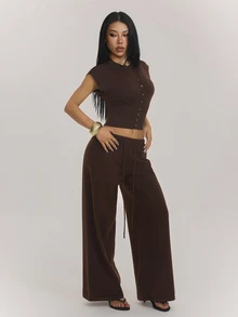 SHEIN PETITE Women's Button-Up Top And Drawstring Waist Pants Sweater 2 Pieces Set, Airport Casual Commute Outfit - Brown - View 6