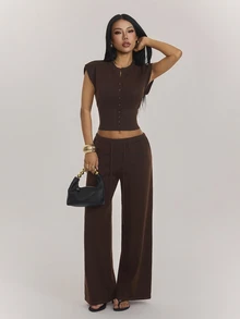 SHEIN PETITE Women's Button-Up Top And Drawstring Waist Pants Sweater 2 Pieces Set, Airport Casual Commute Outfit - Brown - View 11