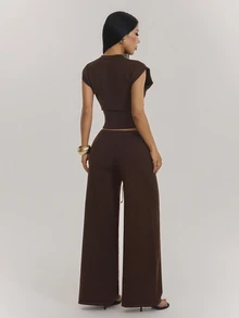 SHEIN PETITE Women's Button-Up Top And Drawstring Waist Pants Sweater 2 Pieces Set, Airport Casual Commute Outfit - Brown - View 2