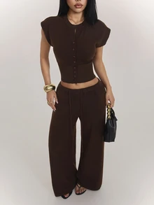SHEIN PETITE Women's Button-Up Top And Drawstring Waist Pants Sweater 2 Pieces Set, Airport Casual Commute Outfit - Brown - View 9