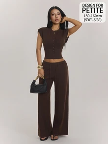 SHEIN PETITE Women's Button-Up Top And Drawstring Waist Pants Sweater 2 Pieces Set, Airport Casual Commute Outfit - Brown - View 1