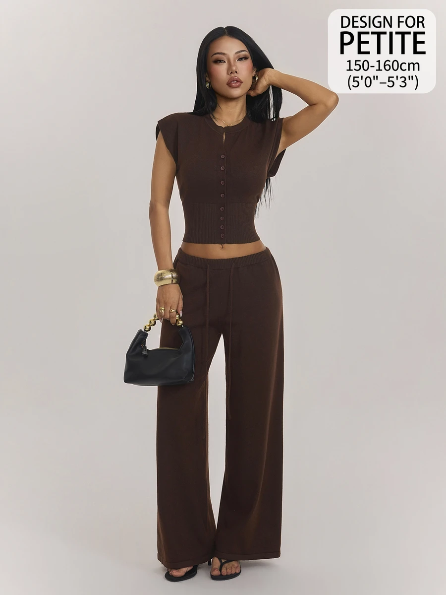 SHEIN PETITE Women's Button-Up Top And Drawstring Waist Pants Sweater 2 Pieces Set, Airport Casual Commute Outfit - Brown - View 1