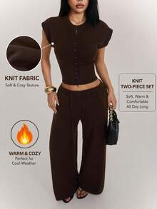 SHEIN PETITE Women's Button-Up Top And Drawstring Waist Pants Sweater 2 Pieces Set, Airport Casual Commute Outfit - Brown - View 10