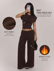 SHEIN PETITE Women's Button-Up Top And Drawstring Waist Pants Sweater 2 Pieces Set, Airport Casual Commute Outfit - Brown - View 3