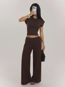 SHEIN PETITE Women's Button-Up Top And Drawstring Waist Pants Sweater 2 Pieces Set, Airport Casual Commute Outfit - Brown - View 8