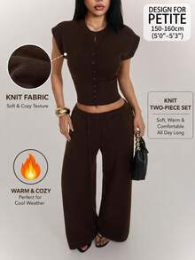 SHEIN PETITE Women's Button-Up Top And Drawstring Waist Pants Sweater 2 Pieces Set, Airport Casual Commute Outfit - Brown - View 5