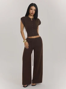 SHEIN PETITE Women's Button-Up Top And Drawstring Waist Pants Sweater 2 Pieces Set, Airport Casual Commute Outfit - Brown - View 4