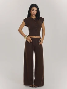 SHEIN PETITE Women's Button-Up Top And Drawstring Waist Pants Sweater 2 Pieces Set, Airport Casual Commute Outfit - Brown - View 7