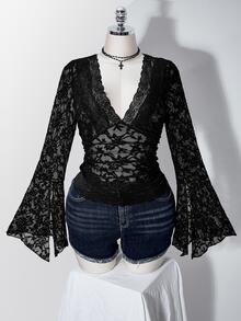 SHEIN ICON Women's Plus Size Autumn/Winter Retro Sexy Simple Casual Millennial Style Y2K Elegant Gothic Style V-Neck Lace Patchwork Bell Sleeve Black Flocked Top - Black - View 3