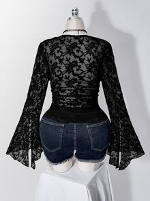 SHEIN ICON Women's Plus Size Autumn/Winter Retro Sexy Simple Casual Millennial Style Y2K Elegant Gothic Style V-Neck Lace Patchwork Bell Sleeve Black Flocked Top - Black - View 11