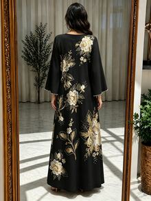 Mulvari 黑色仿刺繡金白色大花朵印花女款長洋裝，秋冬/夏季時尚珍珠飾邊V領開衩喇叭袖寬鬆長裙，適合日常休閒居家與度假旅行穿著，阿拉伯風格服飾 - 彩色 - 查看 2