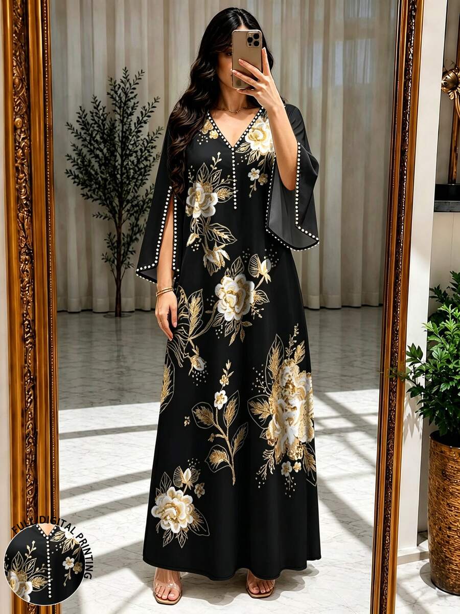 Mulvari 黑色仿刺繡金白色大花朵印花女款長洋裝，秋冬/夏季時尚珍珠飾邊V領開衩喇叭袖寬鬆長裙，適合日常休閒居家與度假旅行穿著，阿拉伯風格服飾 - 彩色 - 查看 1