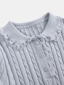 SHEIN Tween Girl Fall Knit Dress, Sweet Light Blue Long Sleeve Mid-Length Robe With Peter Pan Collar And Buttons, Cute, Cozy, Soft, Ribbed, School, Everyday - Blue - View 5