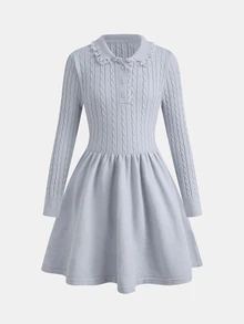 SHEIN Tween Girl Fall Knit Dress, Sweet Light Blue Long Sleeve Mid-Length Robe With Peter Pan Collar And Buttons, Cute, Cozy, Soft, Ribbed, School, Everyday - Blue - View 3