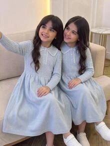 SHEIN Tween Girl Fall Knit Dress, Sweet Light Blue Long Sleeve Mid-Length Robe With Peter Pan Collar And Buttons, Cute, Cozy, Soft, Ribbed, School, Everyday - Blue - View 4