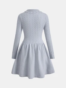 SHEIN Tween Girl Fall Knit Dress, Sweet Light Blue Long Sleeve Mid-Length Robe With Peter Pan Collar And Buttons, Cute, Cozy, Soft, Ribbed, School, Everyday - Blue - View 2