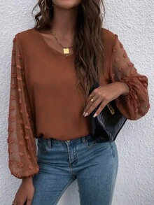 SHEIN LUNE Women's Pink Simple Long Sleeve Shirt, Everyday Wear - Brown - View 6