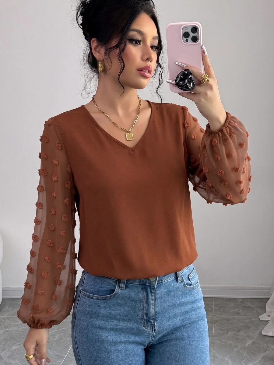 SHEIN LUNE Women's Pink Simple Long Sleeve Shirt, Everyday Wear - Brown - View 1