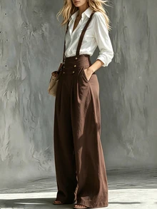 LUMIGAL Women's Autumn/Winter New Casual Vintage Button-Front Suspenders Long Pants - Brown - View 6