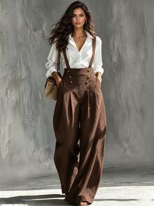 LUMIGAL Women's Autumn/Winter New Casual Vintage Button-Front Suspenders Long Pants - Brown - View 1