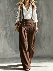 LUMIGAL Women's Autumn/Winter New Casual Vintage Button-Front Suspenders Long Pants - Brown - View 4