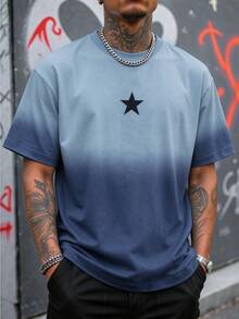 Resyla Men's Loose-Fitting Short-Sleeved T-Shirt With A Gradient Blue Star Print. The Design Is Stylish, Made Of Comfortable Fabric, And Perfect For Everyday Casual Wear. - Multicolor - View 3