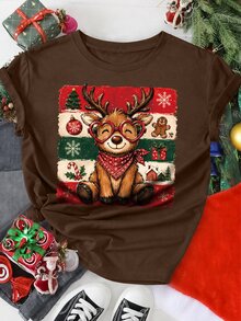 EMERY ROSE Pumpkin Spice Summer Printed Casual Fairy Cargo Plus Size T-Shirt Christmas Office Party Birthday Vacation Brown - Coffee Brown - View 3