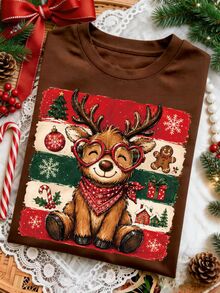 EMERY ROSE Pumpkin Spice Summer Printed Casual Fairy Cargo Plus Size T-Shirt Christmas Office Party Birthday Vacation Brown - Coffee Brown - View 1