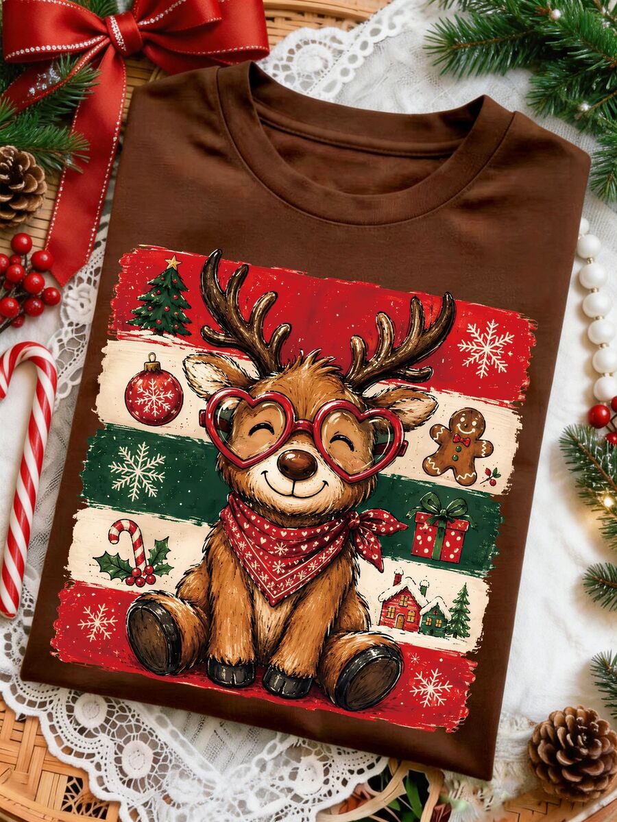 EMERY ROSE Pumpkin Spice Summer Printed Casual Fairy Cargo Plus Size T-Shirt Christmas Office Party Birthday Vacation Brown - Coffee Brown - View 1